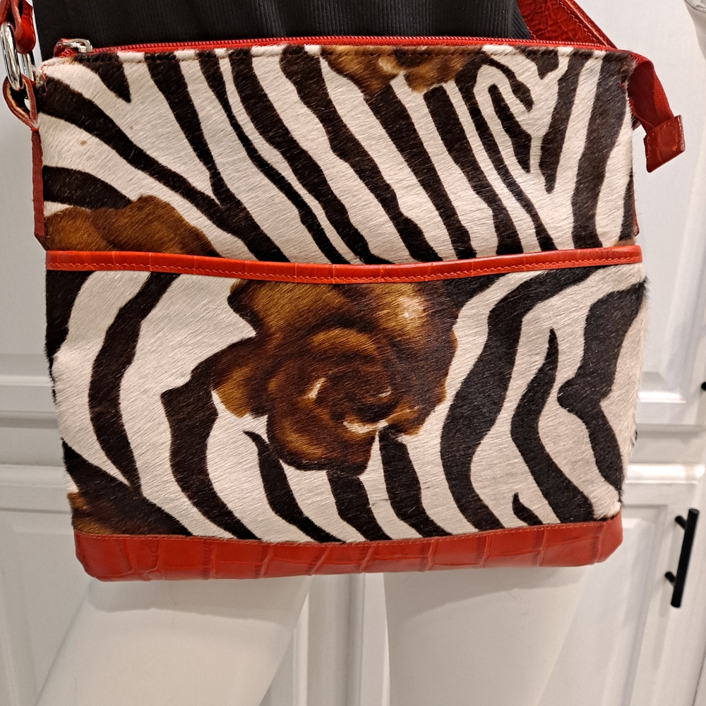 Ceoni Piero Zebra Print Rawhide Leather Shoulder Bag with Red Croc Accents